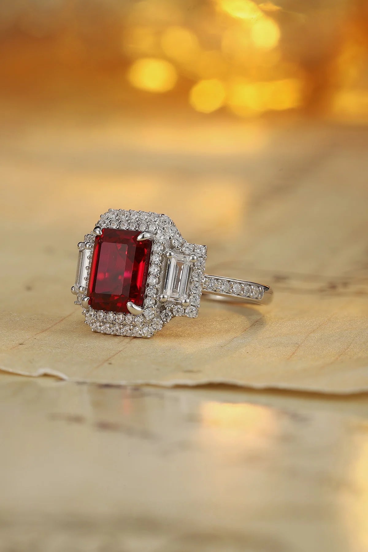 Gemfiori Retro-style Ruby Engagement Ring Sterling Silver 925 Rhodium Plated Prong Setting Vintage Wedding Ring for Her Gift & Party
