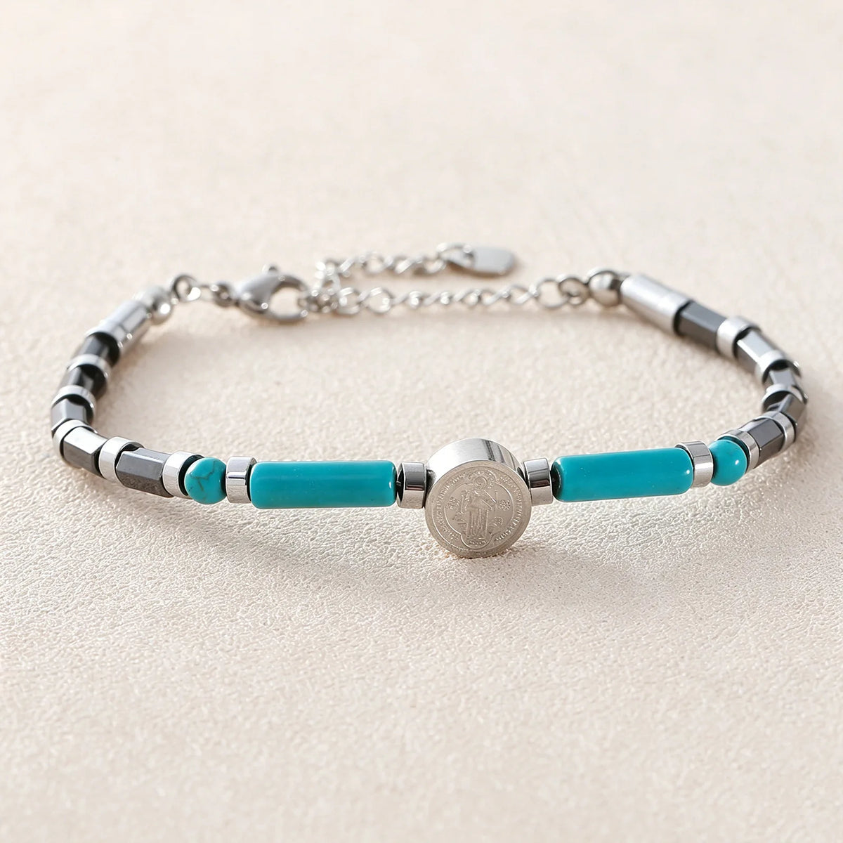 XOTICA Handmade Stainless Steel Chain Hematite Spacer Natural Stone Turquoise Beaded Cross Bracelet Fashion Jewelry Gifts for Men