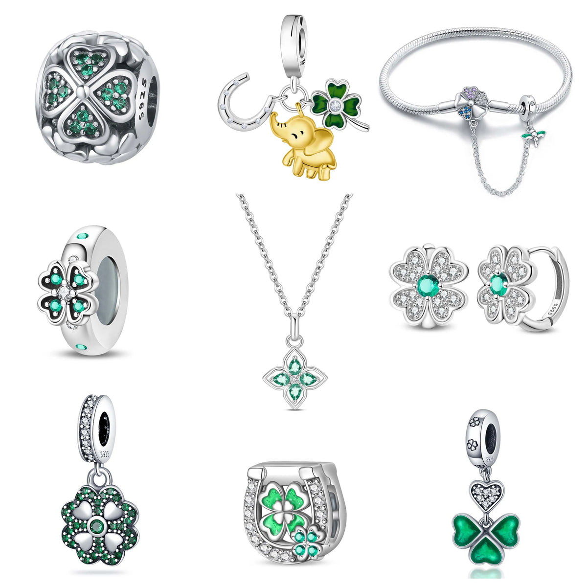 S&S Four Leaf Clover Zircon & Enamel 925 Silver Jewellery | Rings, Earrings, Bracelet & Pendant | S&S Collection