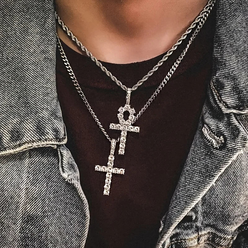 Hotsell Cross Religion Jewelry Charms CZ Rope Chain Women Hiphop 14K 18K Gold Cubic Zirconia Iris Cross Pendant Necklace for Men