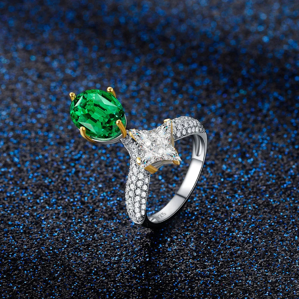MuShan Jewelry Factory Original New Oval 8 * 10 Ice Flower Cut Simulation Grandmother Emerald Ring Pure Silver Elegant
