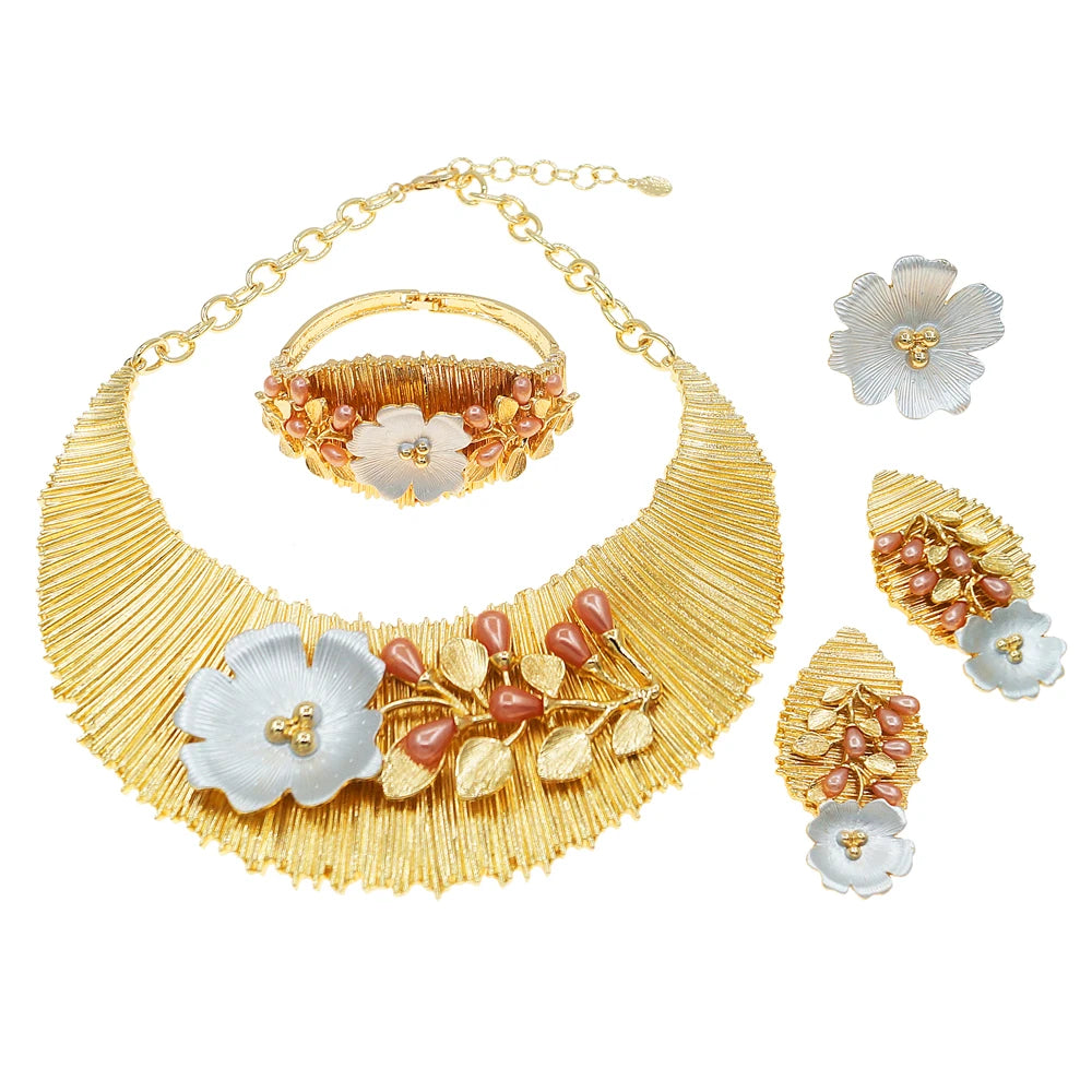 Zhuerrui Women Necklace Earing Bracelet Sets Pink Pearl Africa Nigeria Jewelry Set Italian Gold Plated Non Tarnishing Set H00499