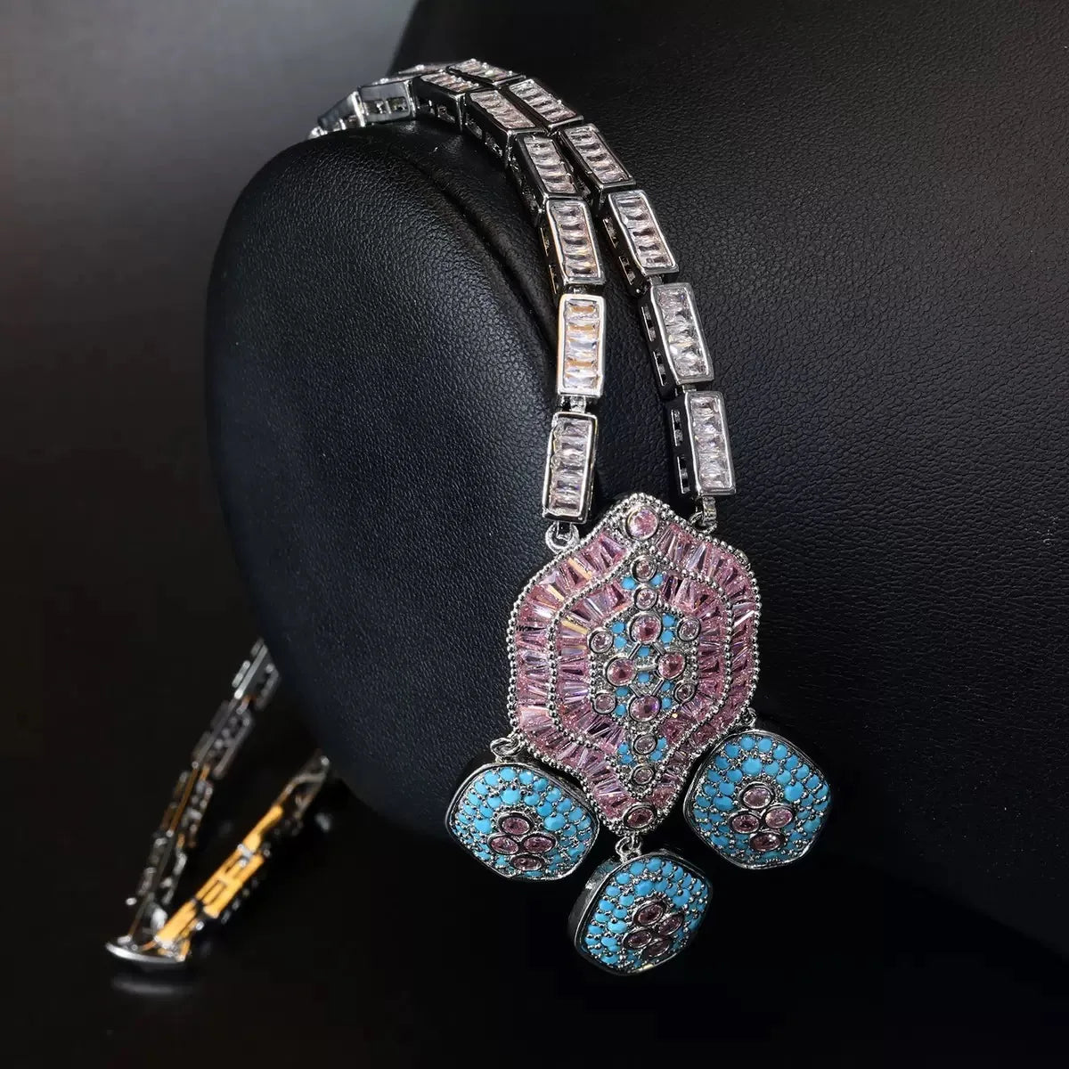 Bella Viva Vintage Pink and Blue Cubic Zirconia Necklace and Earring Sets, Platinum Plated Brass, Statement Jewelry for Party