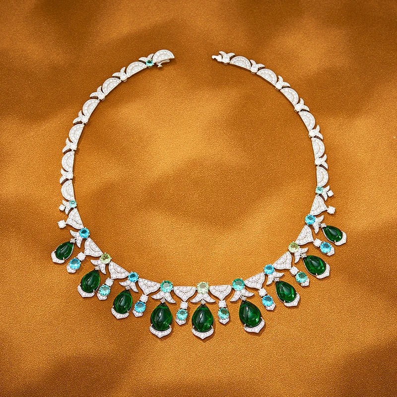 Luxury Women's Brass Necklace Earrings and Ring Three Piece Set  Water Droplet Green Zirconia Banquet and Wedding Accessories