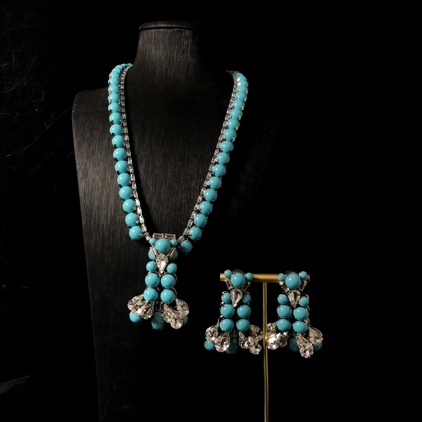 Fashion Jewelry Set Vintage Design Blue Turquoise Rhinestone Necklace and Earrings Jewelry Set