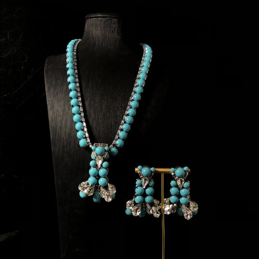 Fashion Jewelry Set Vintage Design Blue Turquoise Rhinestone Necklace and Earrings Jewelry Set