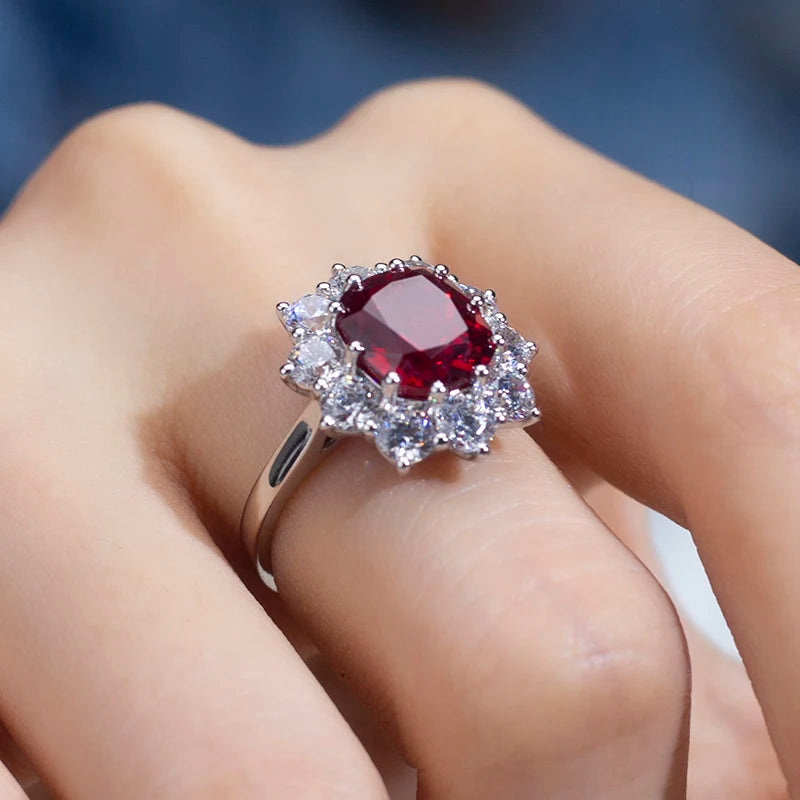 Messi Jewelry MSR-955 S925 Lab Ruby Cushion Cut Ring Flower Design Engagement Ring Wedding Band Classic Gift