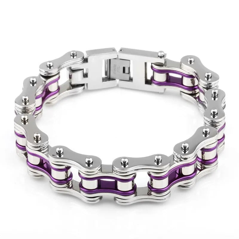 REBEL VIKING Motorcycle Chain Biker Bracelet – Silver & Deep Purple Stainless Steel