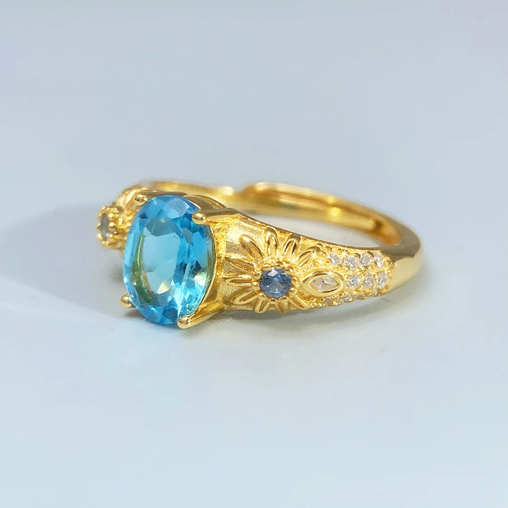 Gioiellieri Swiss Blue Topaz Silver Ring with Natural Blue Stone for Wedding Engagement in 925 Sterling Silver Band for Her Fine Jewelry
