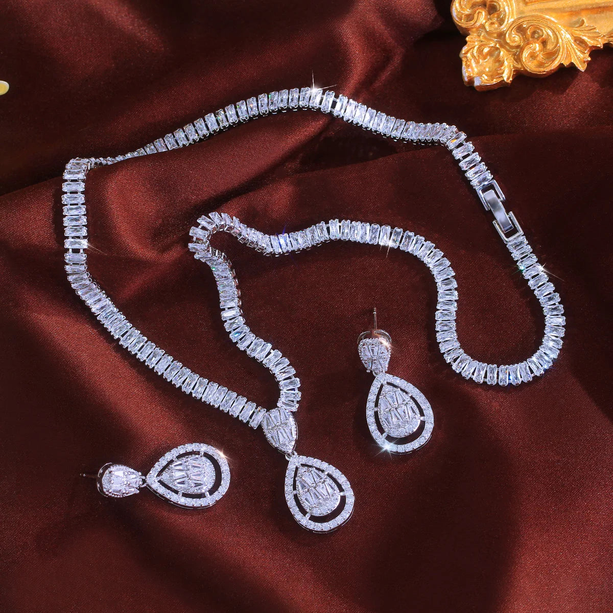Rhodium Plated Baguette Tennis CZ Jewelry Set Cubic Zircon Drop Dangle Necklace Earrings Jewelry Set for Fiancee Engagement