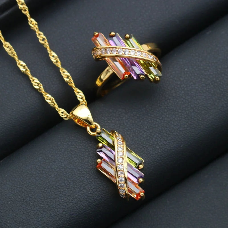 XOTICA Multicolor Zirconia Gold Women's Custom Wedding Jewelry Set Includes Earrings Pendant Ring Gold Necklace for Parties
