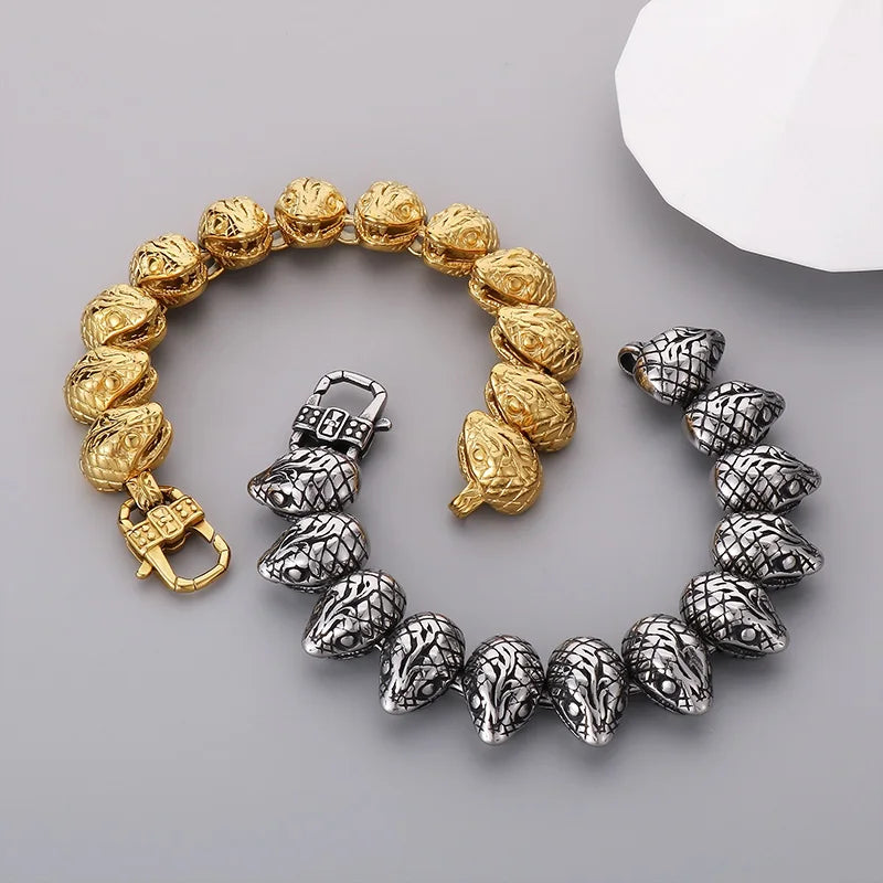 KALEN 220mm Men Punk Gold/Silver Color Stainless Steel Snake Head Links Bracelet