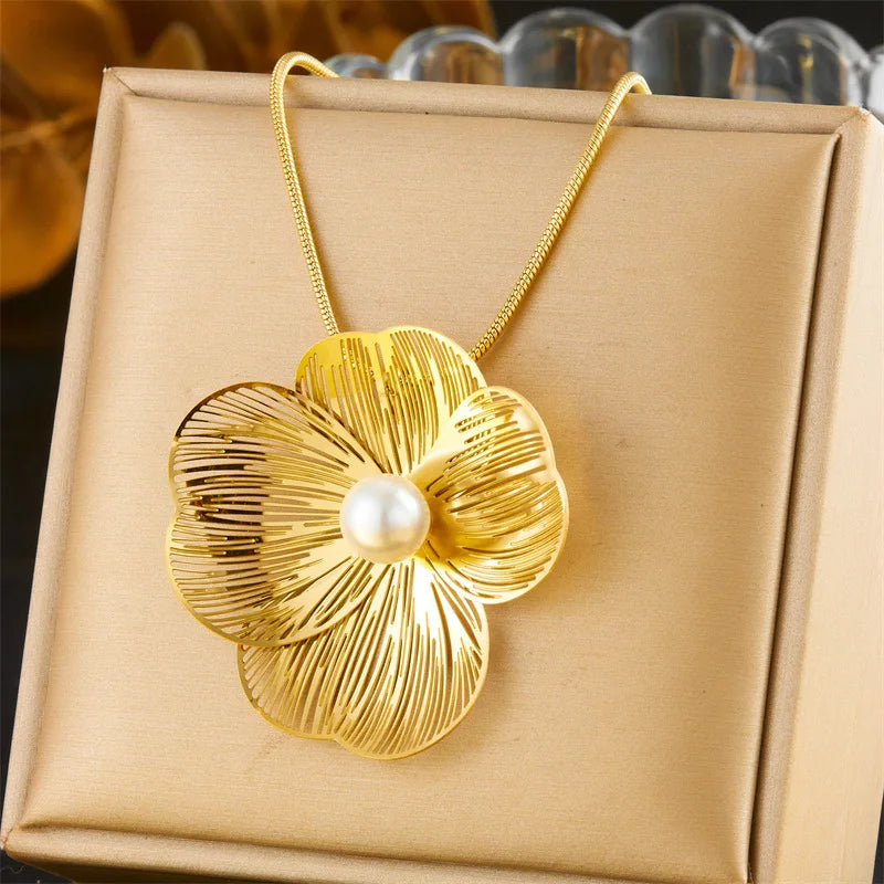 Gold Flower Necklace, Earrings & Ring Jewellery Set | Black & White Luxury Fashion Set