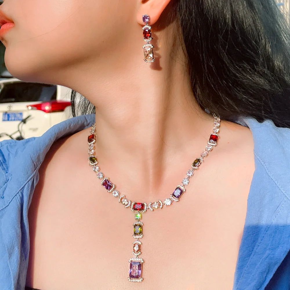 Sparkling Multi Color Cubic Zirconia Big Long Dangle Drop Party Wedding Necklace Bridal Jewelry Sets Dress Accessories