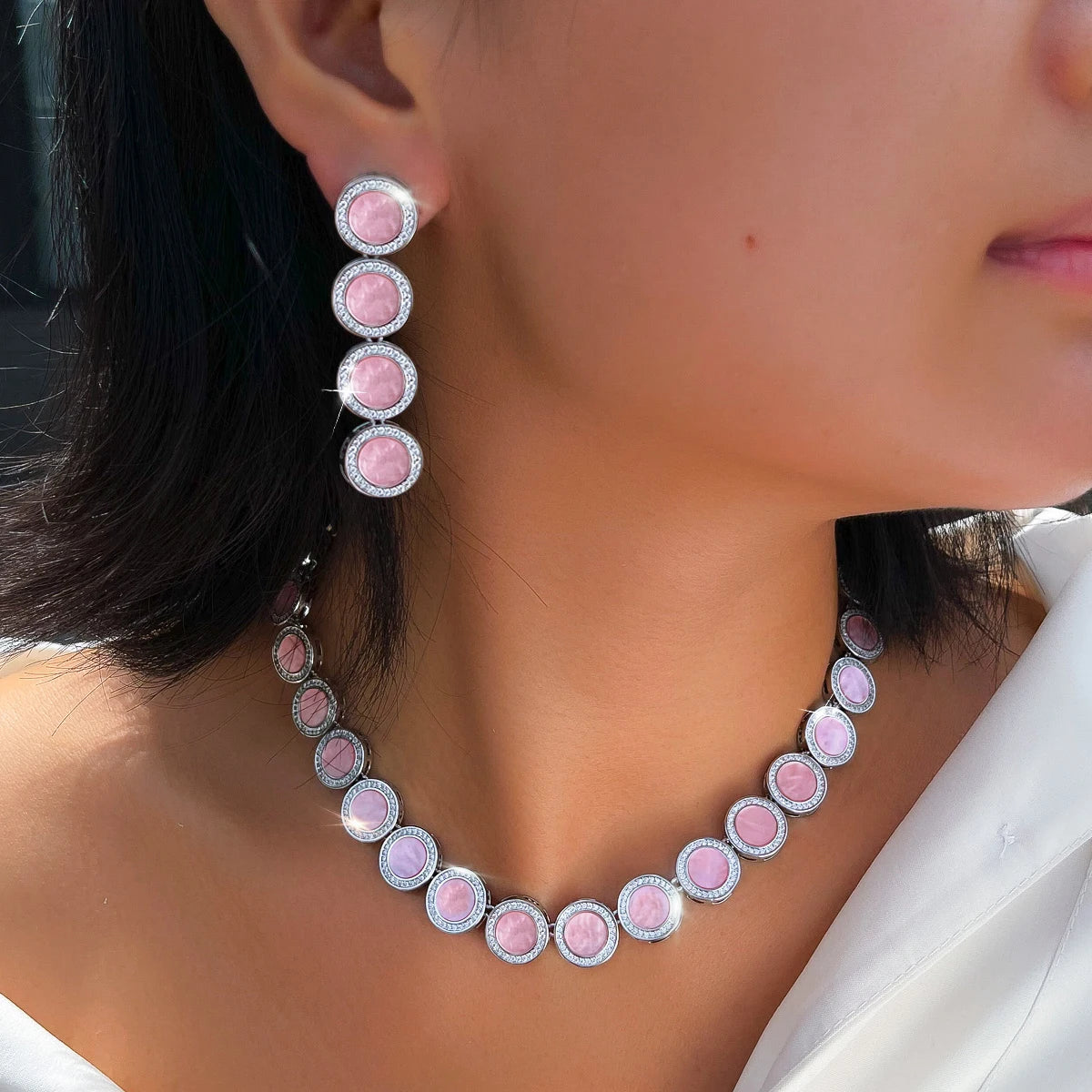 S&S Pink Round CZ Vintage Statement Necklace & Earrings Set – Silver Plated – Collection