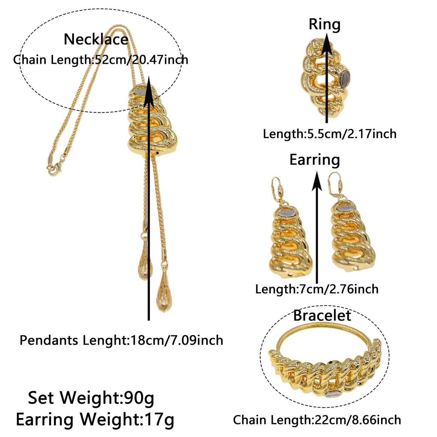 Zhuerrui Modern Elegant Series Gold-plated Jewelry Set Interlocking Tassel Pendant African Noble Wedding Ring BraceletHK013522