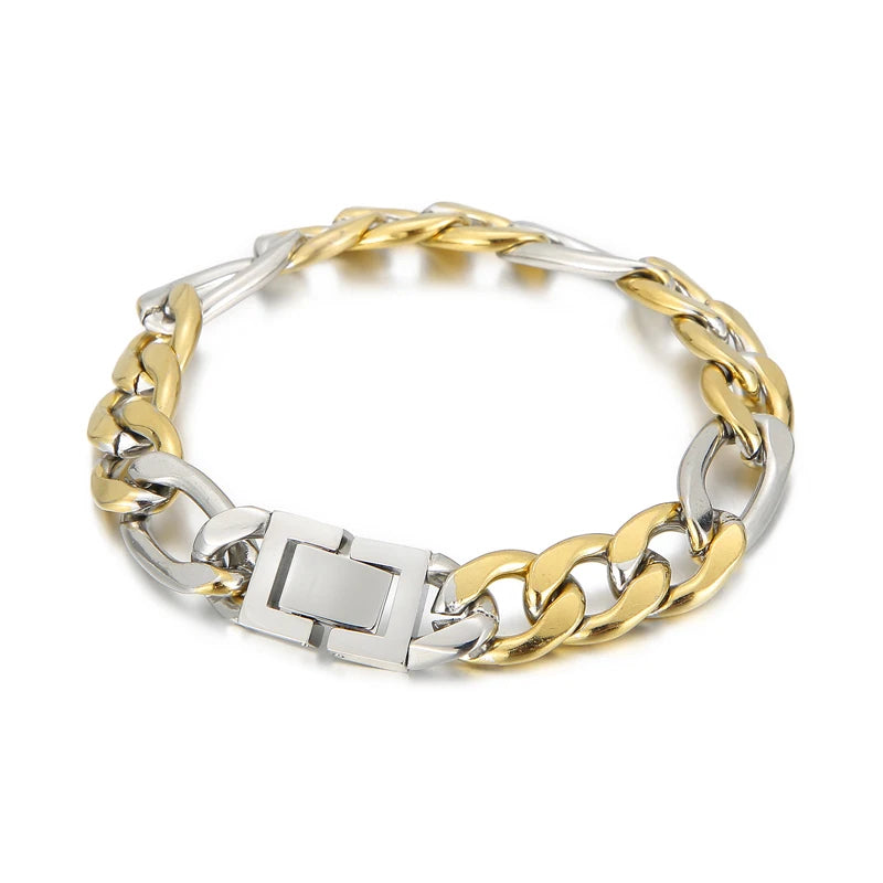 KALEN Mens 210/200mm Silver and Gold Stainless Steel Hip-hop Link Bracelets