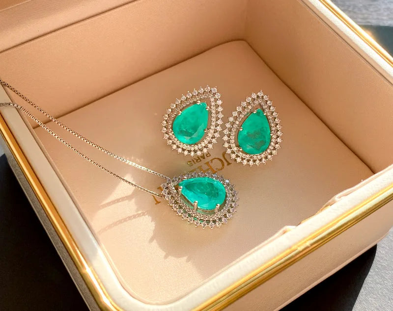Fashion Eco-friendly Copper 10*14mm Paraiba Zircon Classic Teardrop Pendant Earrings Set Water Drop Jewelry Set for Party