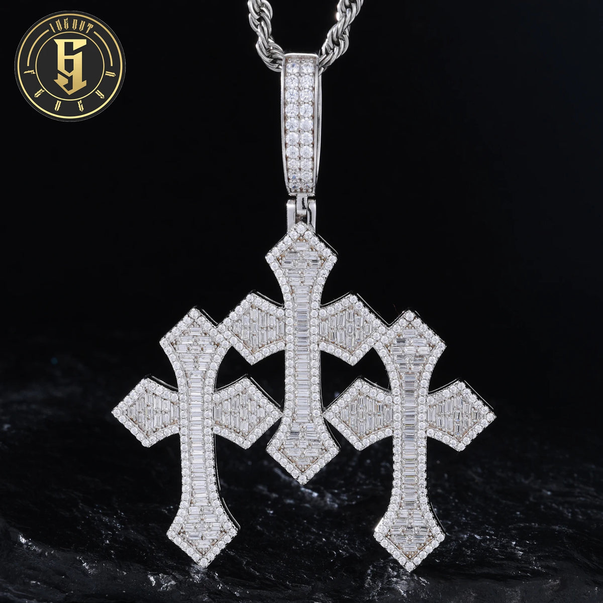 Sparkling Religious Jewelry Hip Hop Mens 18K Gold Plated Brass AAAAA Baguette CZ Diamond Iced Out Triple Cross Pendant