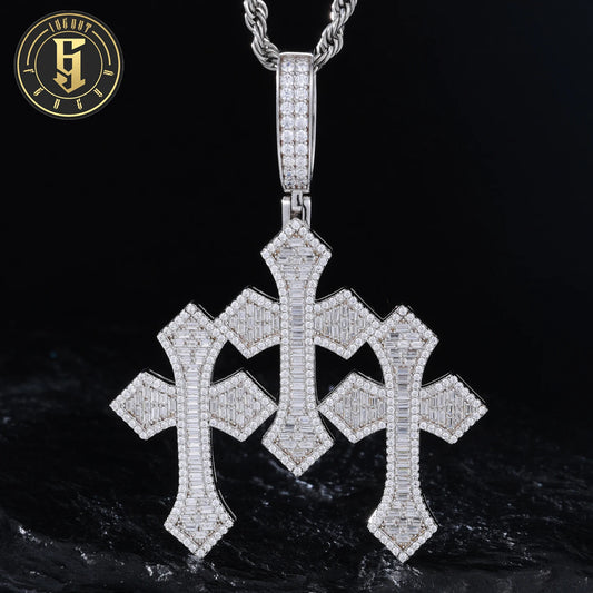 Sparkling Religious Jewelry Hip Hop Mens 18K Gold Plated Brass AAAAA Baguette CZ Diamond Iced Out Triple Cross Pendant