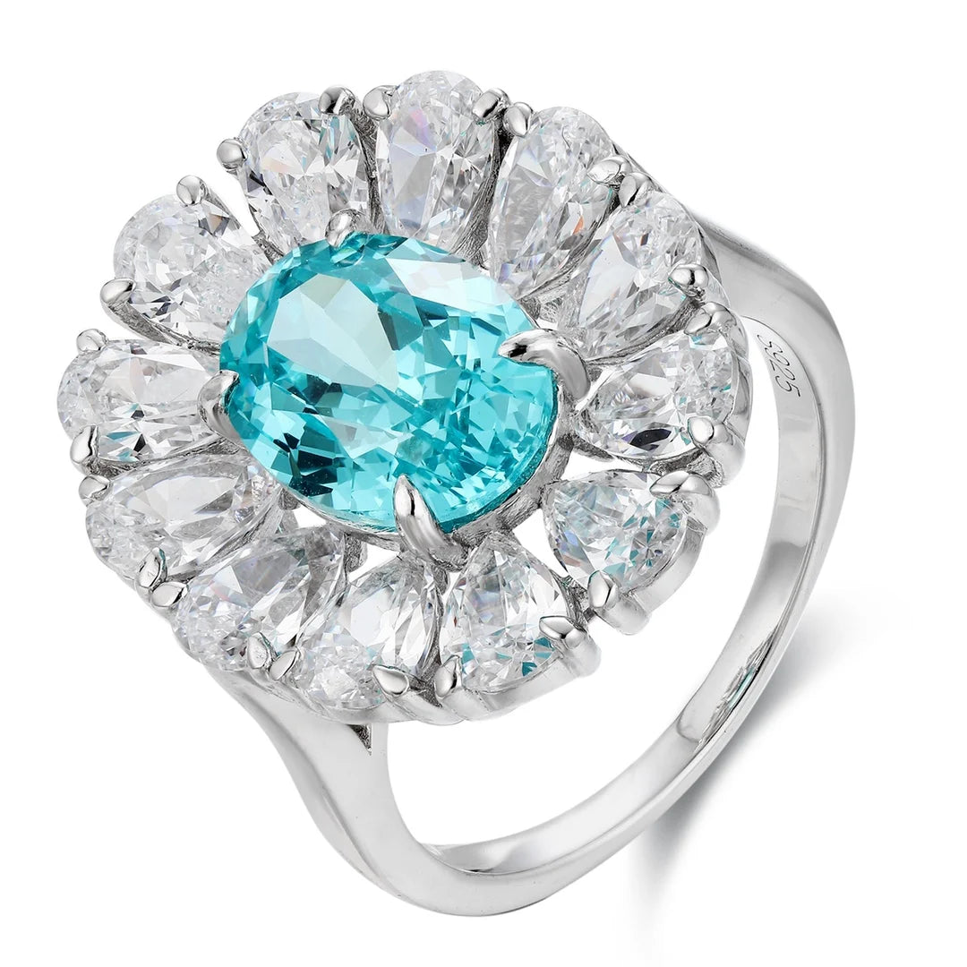 Gemfiori Anster Lab Made Diamonds and Ring S925 Sterling Silver Oval Cut Lab Created Paraiba Women Ring