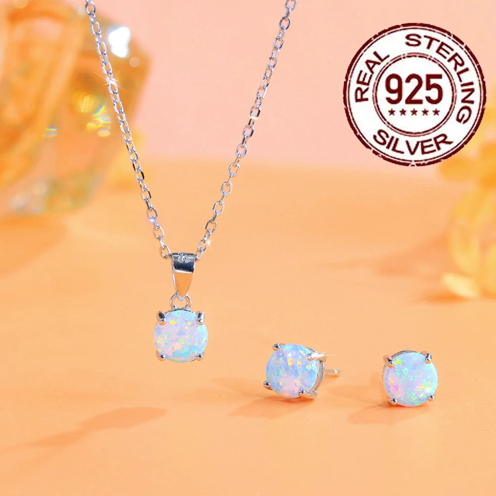 S&S 925 Silver White Opal Necklace & Earrings Set – 4-Claw Round Setting – Rhodium Plated – Collection