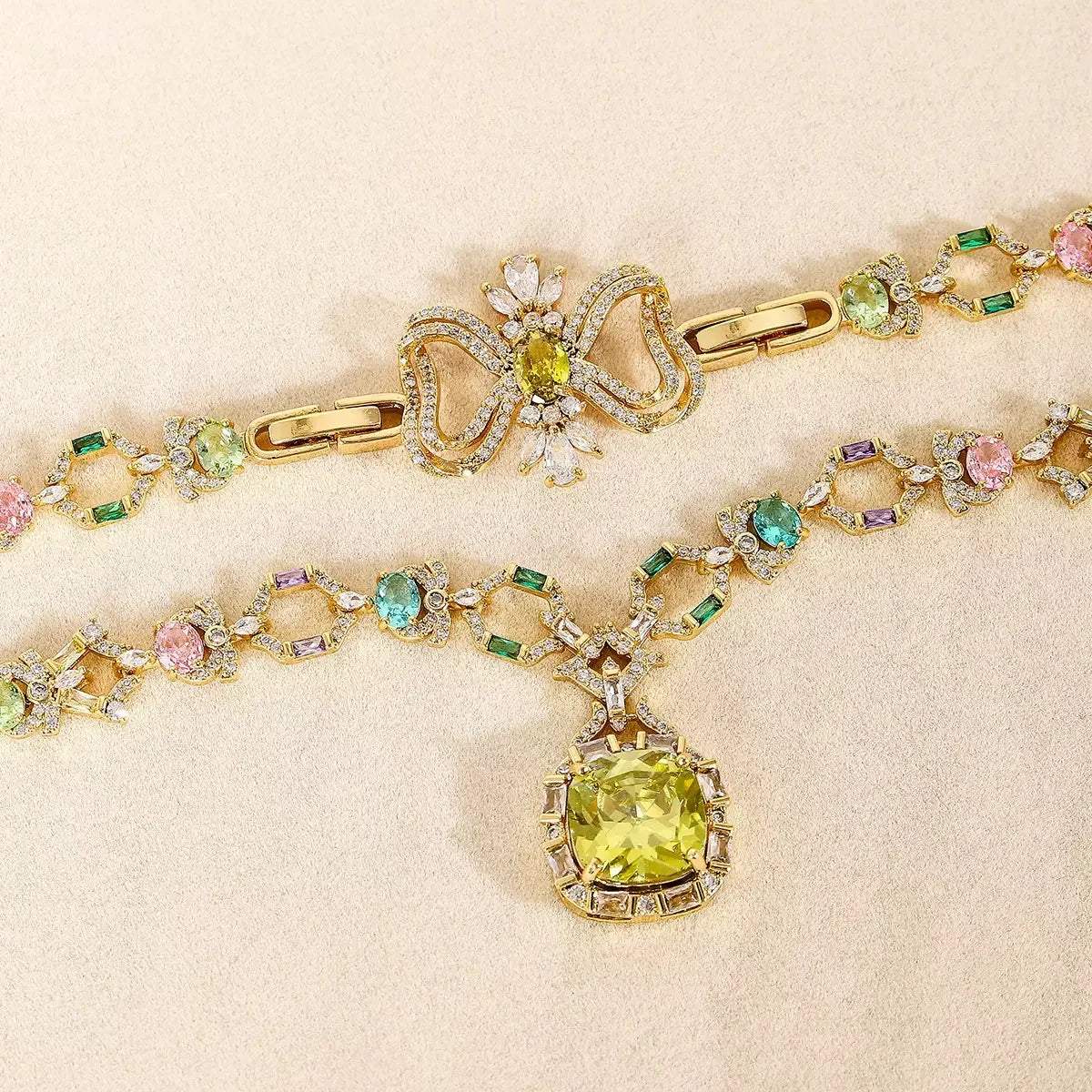 Bella Viva Vibrant Green Cubic Zirconia Necklace and Earring Sets, 18K Gold Plated Brass, Statement Jewelry for Daily & Gift