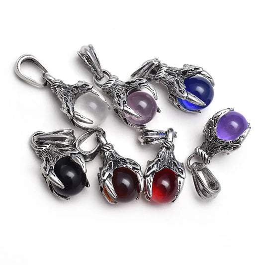 REBEL Punk Rock Titanium Steel Dragon Claw Crystal Ball Pendant Necklace 18inch Black Cord Natural Gemstone Chakra Jewelry