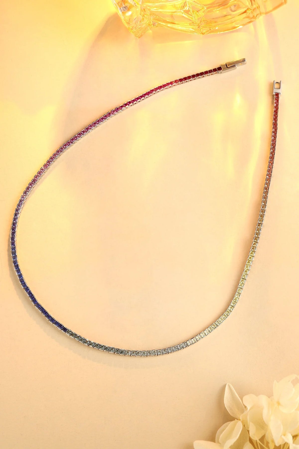 Gemfiori Custom S925 Sliver Rainbow Color Lab Grown Sapphire Tennis Necklace 2*2mm Princess Cut Gradient Rainbow Gemston Fashion Design