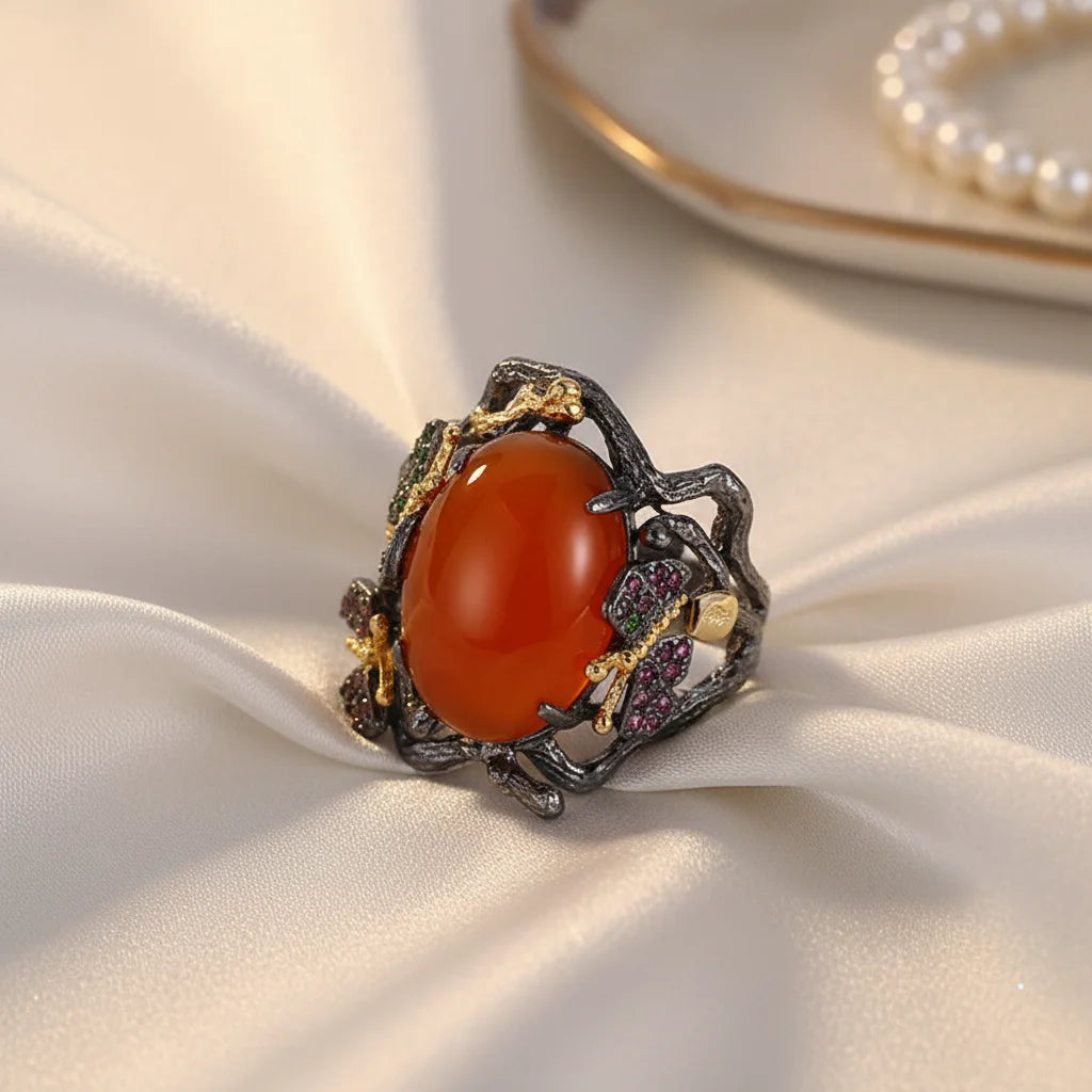 Handmade Retro Agate Stone 925 Sterling Silver Rings Jewelry With Gold Plated