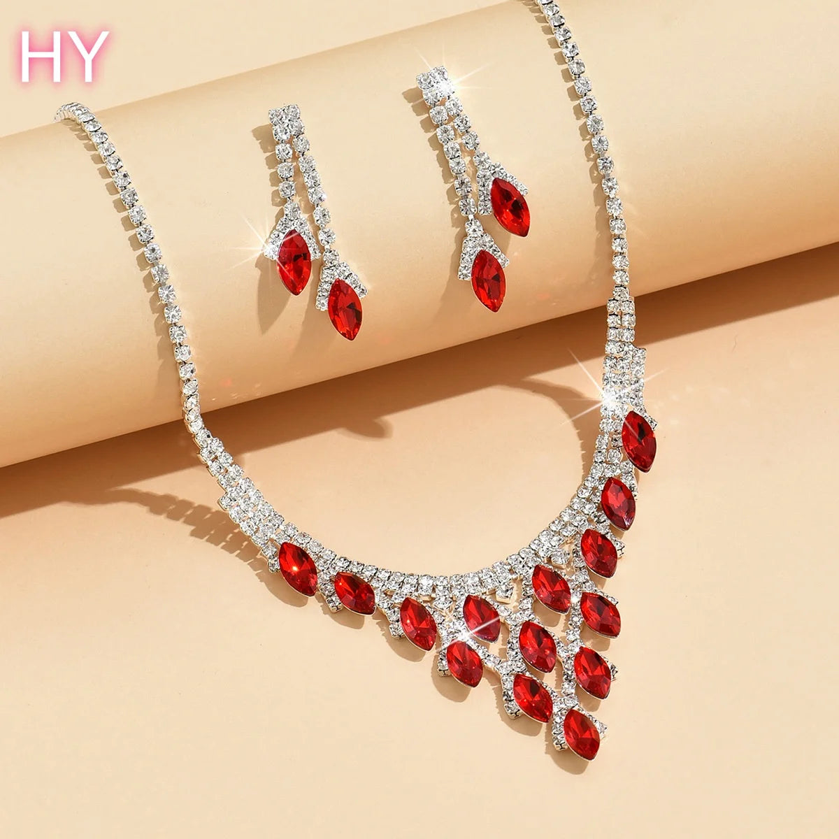 HY  Crystal Claw Chain  Plated Wedding Dress Accessory Set Red Horse Eye Zircon Elegant Necklace Bracelet Earring Gift