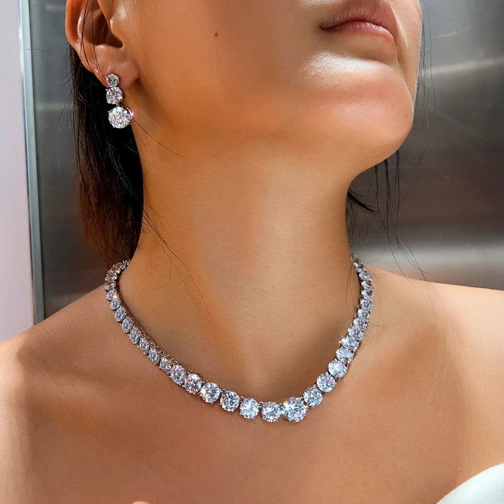 Super Glittering Round Cubic Zirconia Tennis Necklace and Earrings Jewelry Set for Women Wedding Bridal Party Engagement Banquet