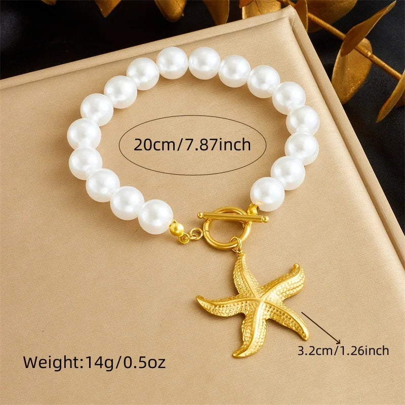 Gold Pearl Necklace & Bracelet Jewellery Set | Heart, Starfish & Bow Knot Designs