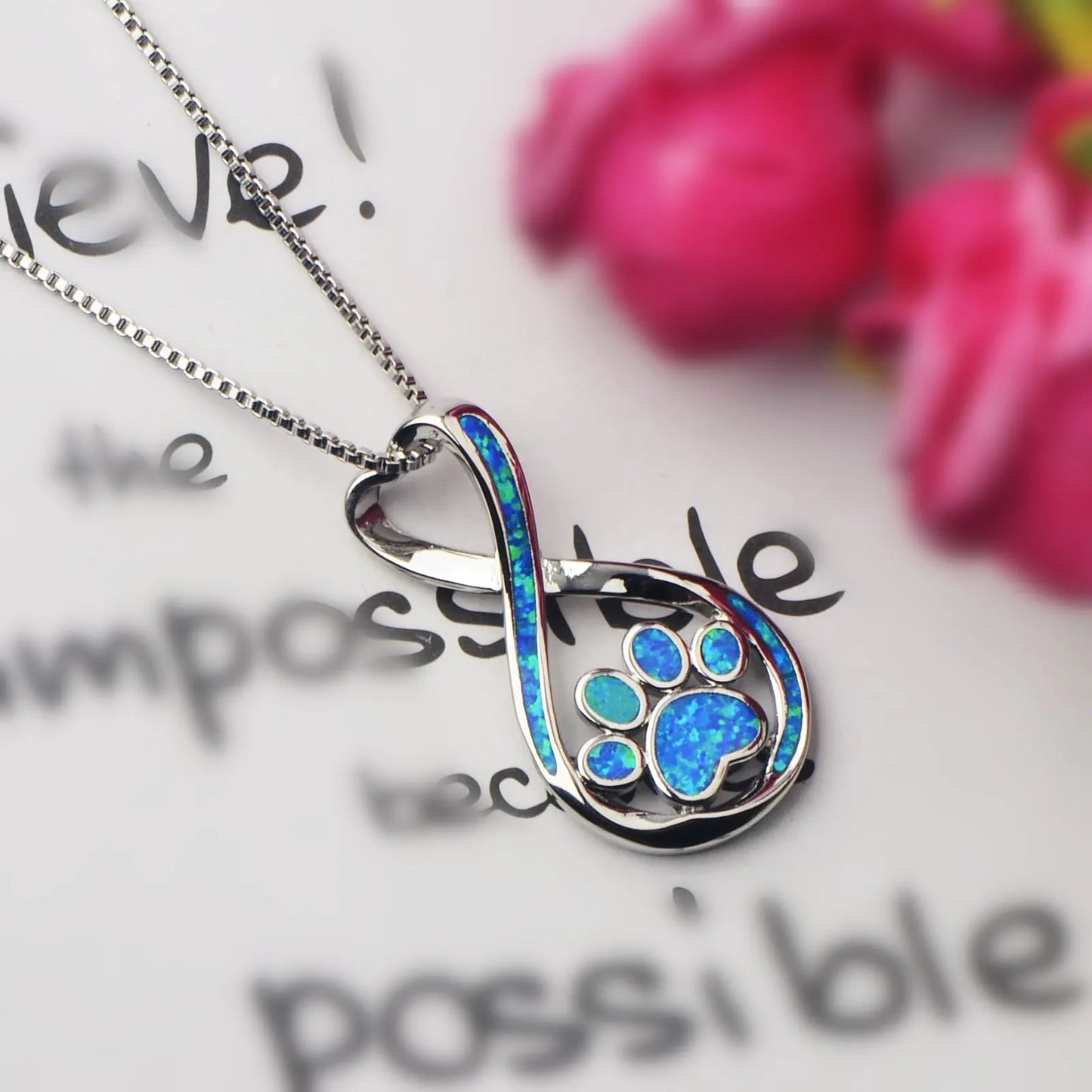 Eternal Pet Paw Opal Pendant Necklace-Blue Fire Opal Infinity Claw Print Design | Copper Silver Plated Pet Memorial Bulk Gift