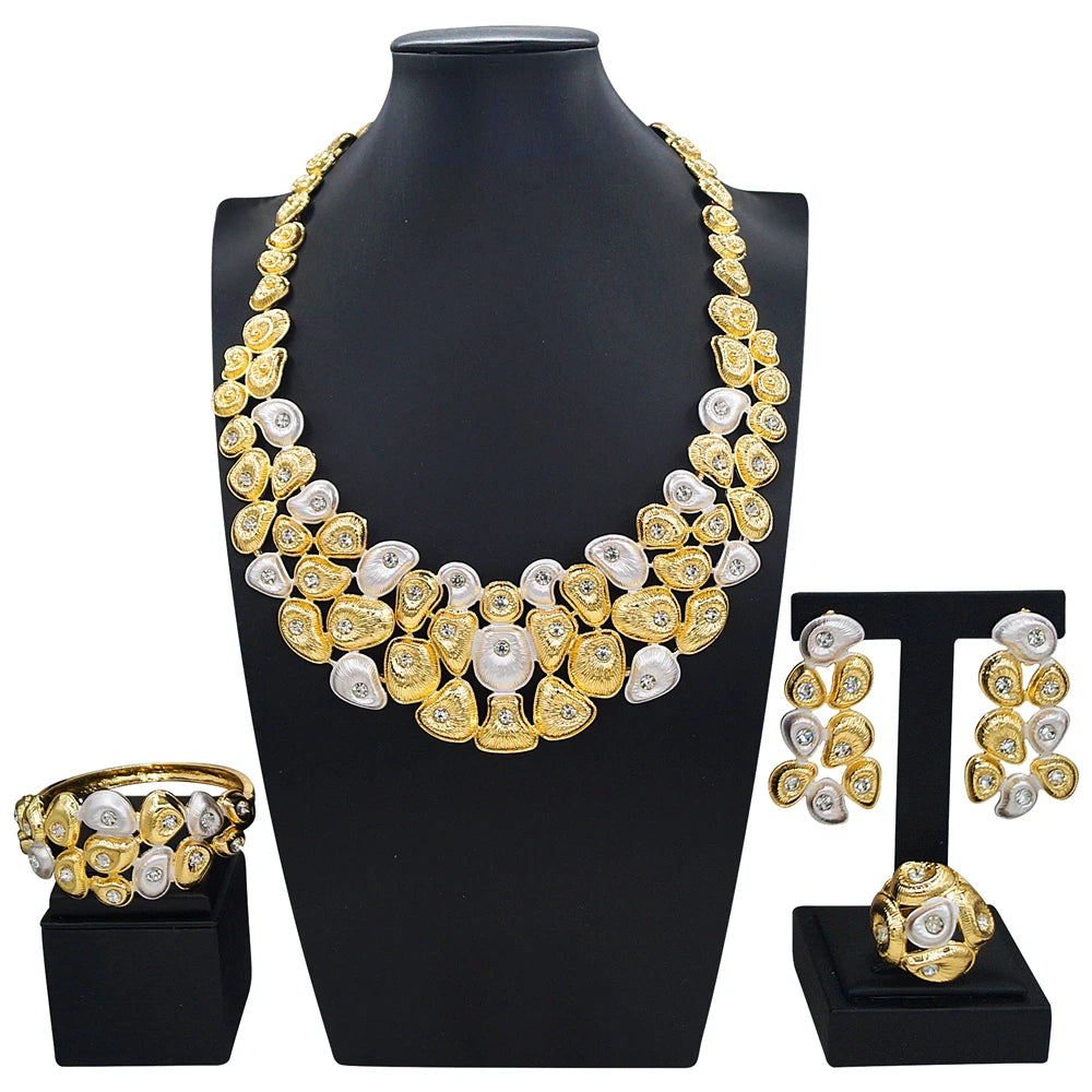 Zhuerrui Brazilian Style Two-tone Gold Pearl Jewelry Set White Crystal Inlaid Necklace Earring Bracelet Ring for Party I008020-2