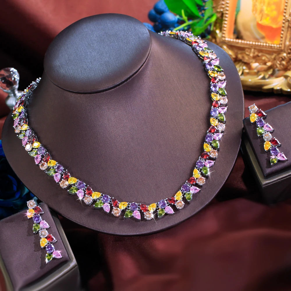 Super Luxury Cubic Zirconia Necklace and Earrings Set Women Colorful Jewelry Set for Party Prom Wedding Dress Accessories