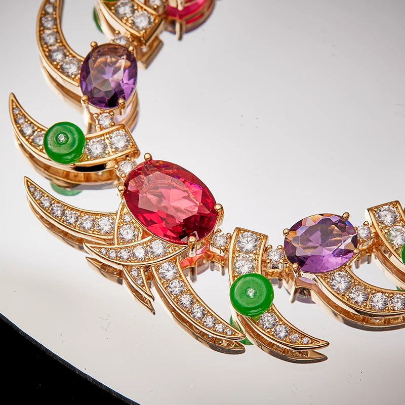 2023 Wholesale Brass Rose Gold Colorful Moonlight Gem Inlaid Zircon Women's Jewelry Ornaments