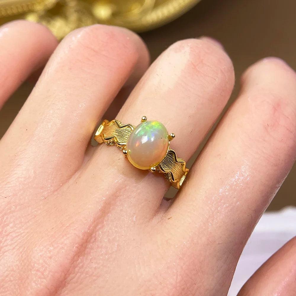Gioiellieri Natural Ethiopian Opal Ring with S925 Sterling Silver Elegant Multi Color Gemstone Jewelry October Birthstone Gift