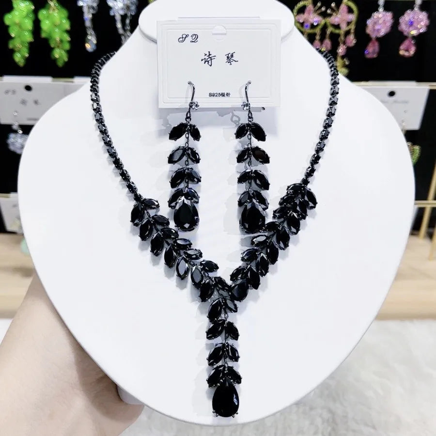 K062 Hot Selling Women Trendy Luxury Leaves Zircon Bridal Necklace Earrings Set Wedding Elegant Jewelry Set
