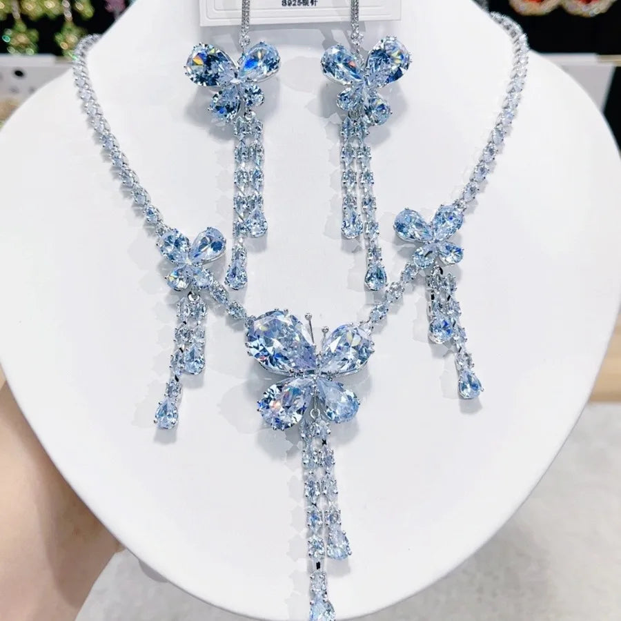 K039 High End Trendy Luxury Exquisite Blue and Pink Zircon Butterfly Necklace Earrings Set Women Elegant Jewelry Set for Party