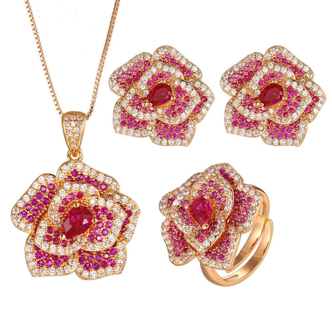 S&S Rose Gold Plated Pavé Red Zircon Floral Jewellery Set – Collection