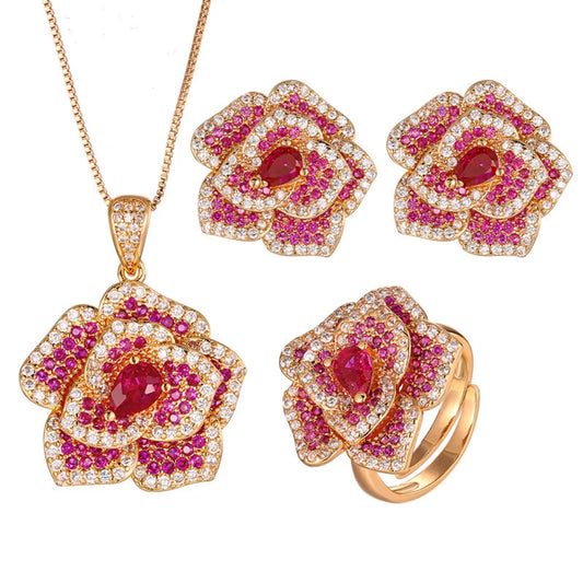 S&S Rose Gold Plated Pavé Red Zircon Floral Jewellery Set – Collection