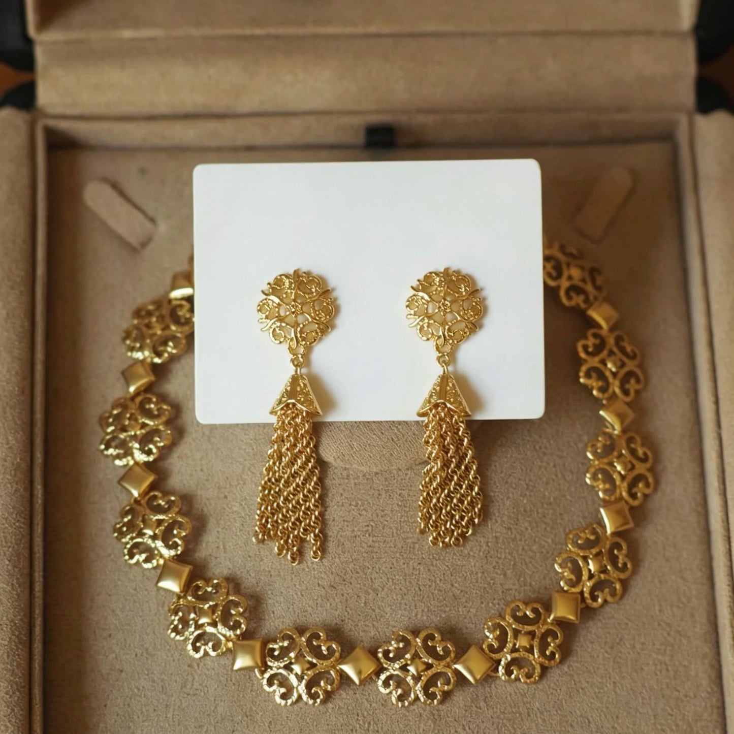 Bella Viva Vintage Filigree Necklace and Earrings, 18K Gold Plated Brass, Fashion Jewelry Set for Women Party, Banquet & Daily