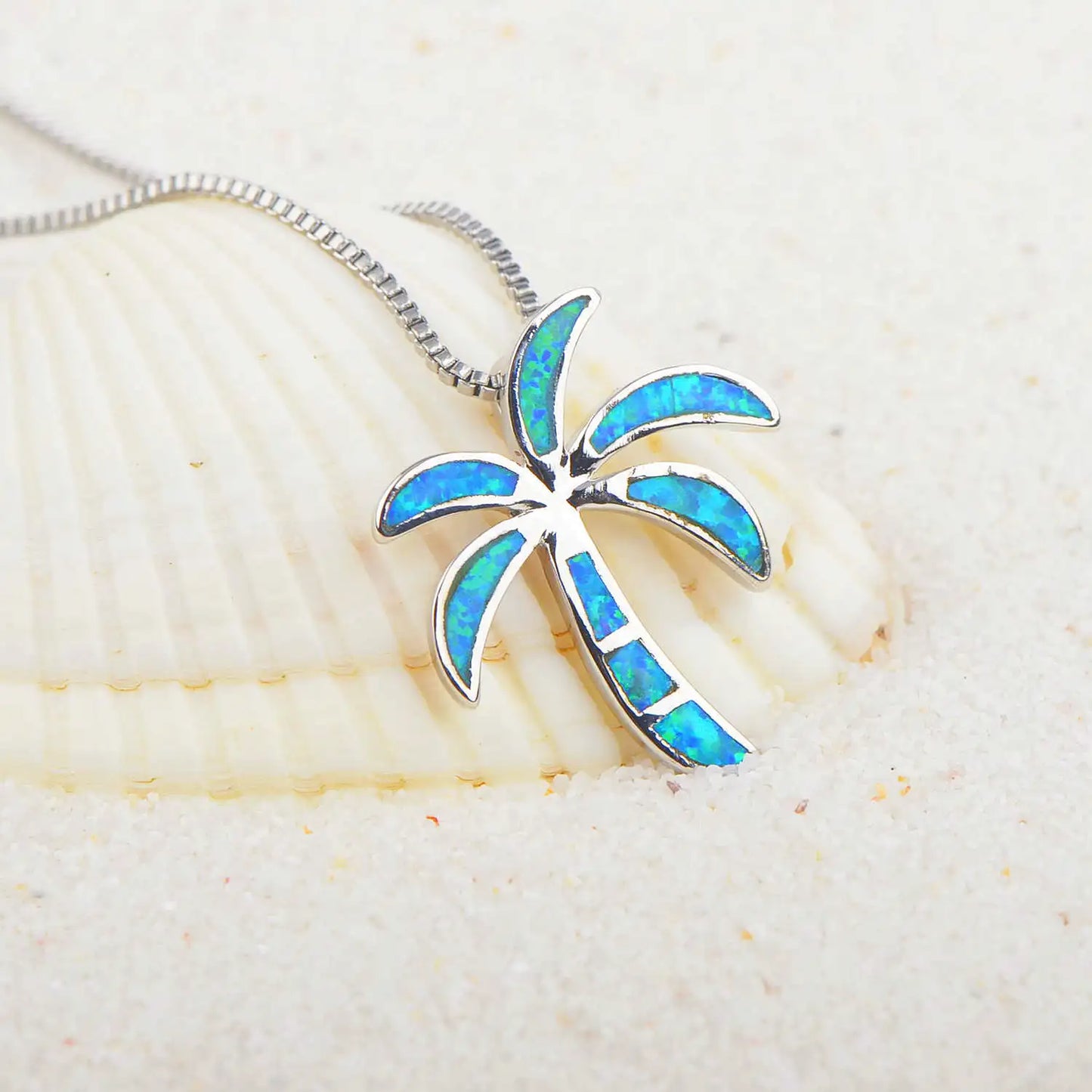 Aobao Christian Copper Hawaiian Coconut Tree Necklace Palm Tree Pendant Link Chain Opal