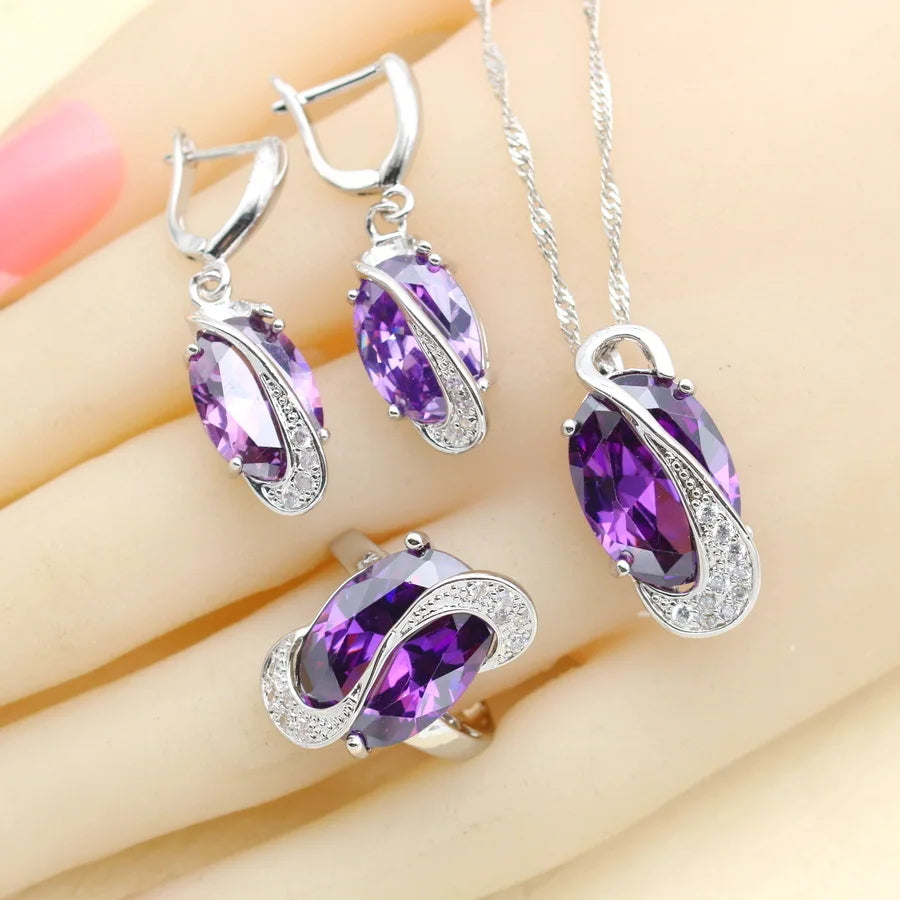 XOTICA Purple Crystal 925 Sterling Silver Jewelry Set Luxury Design Wedding Earrings Bracelet Rings Necklace Pendant Set
