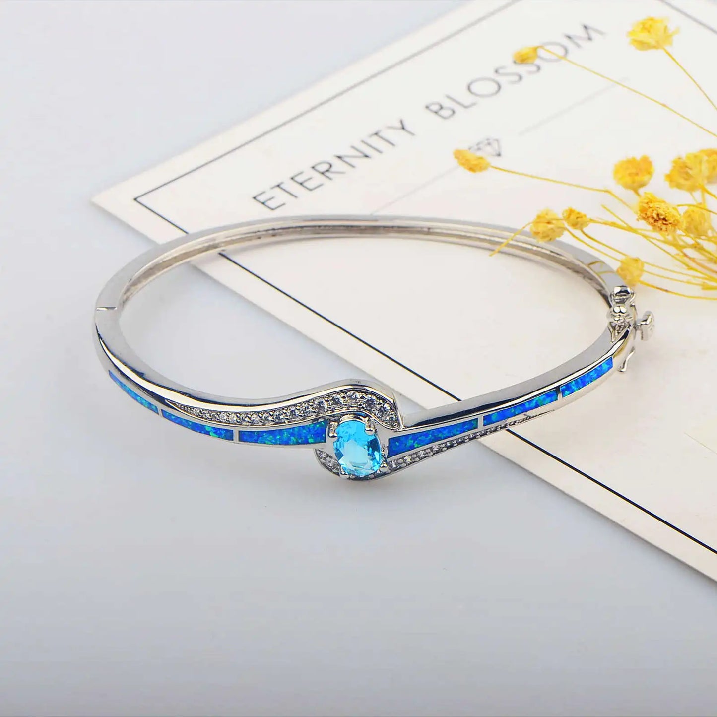 Elegant Blue Opal Bangle Aobao Aquamarine Crystal Inlaid Silver Tone Fashion Jewelry