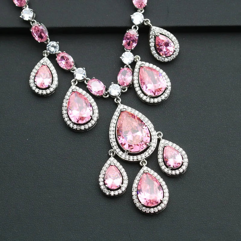 Luxury Water Drop Pink Zircon Necklace for Women Figaro Chain Silver Jewelry for Bridal Wedding Party Wholesale Gift Option