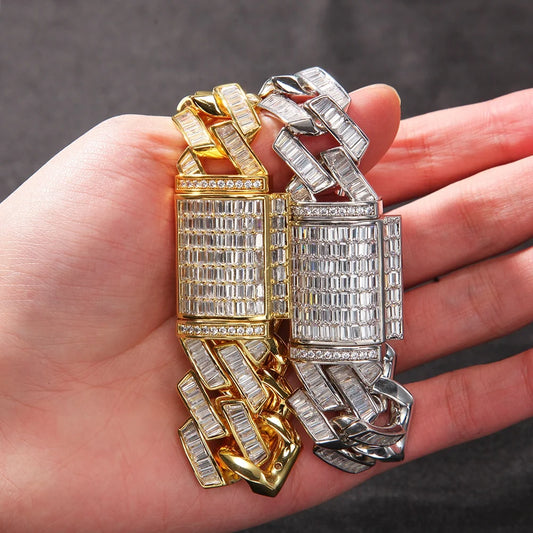 New 20mm Hip Hop Miami Cuban Chain Brass Iced Out Baguette Square Zirconia Necklace Jewelry for Men Women Iced Cuban Link Chains