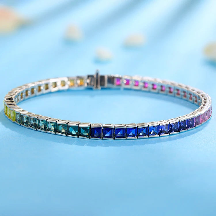 Gemfiori Anster Luxurious Rainbow Bracelets Bangle Multi Color Gemstone Bracelet 925 Sterling Silver Lab Grown Sapphire Chain for Women