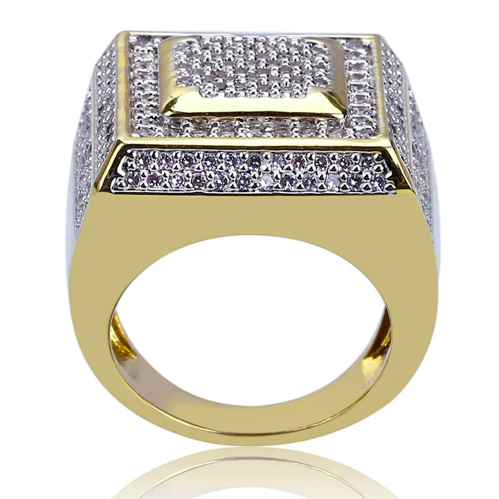 Gemfiori Fashionable Plated with 18K Gold Hip Hop Iced Out Bling Ring Micro-set Zirconium Stone CZ Personality Rings for Men